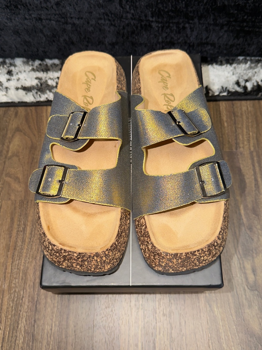 Cape Robbin Metallic Bronze Double Buckle Cork Footbed Sandals